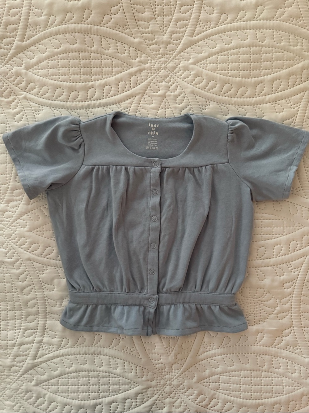 Girls' Light Blue Button-Front Puff Sleeve Top
